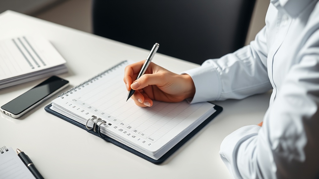 정돈된 책상 위에서 플래너와 펜을 활용해 업무의 우선순위를 체계적으로 분류하고 있는 전문가의 모습